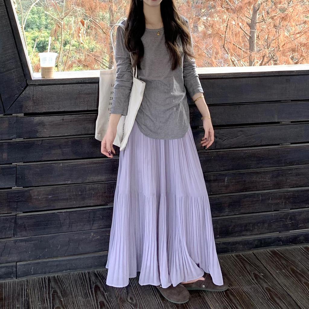 Women's Korean-Style Purple A-Line High-Waisted Mid-Length Cake Skirt for Autumn