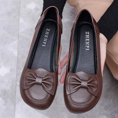 Size35-43 Spring Autumn Genuine Leather Soft Bottom Women Shoes Mom Women Slip-On Shallow Mouth Bow Casual Flat Black Work Shoes