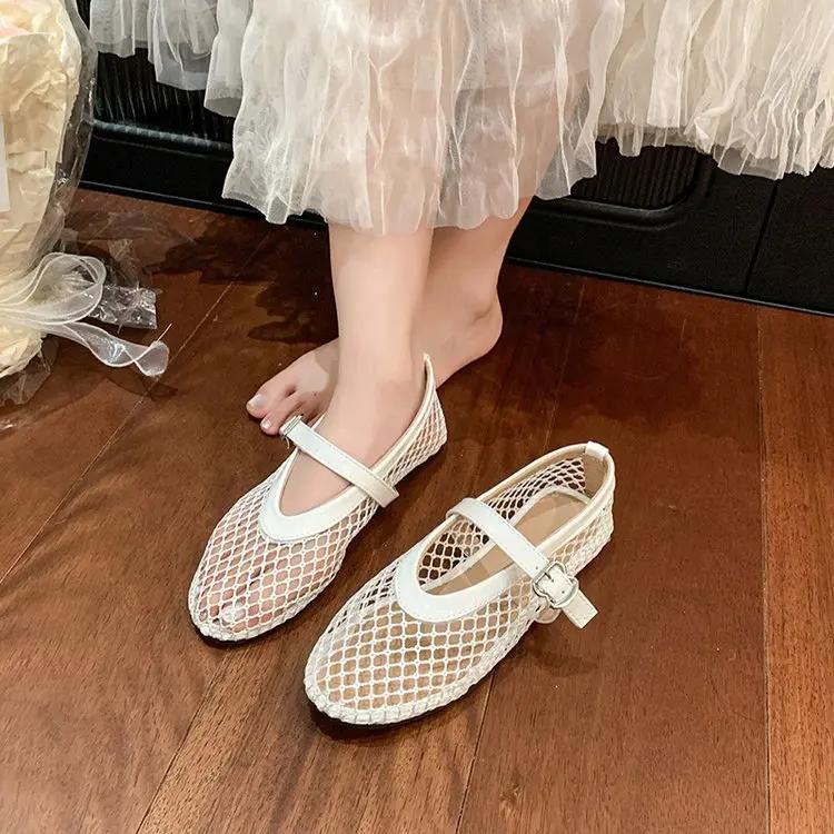 Round Toe One Buckle Strap Ballet Shoes Women's Summer New Flat Shoes Cutout Mary Jane Single Fishnet Shoes