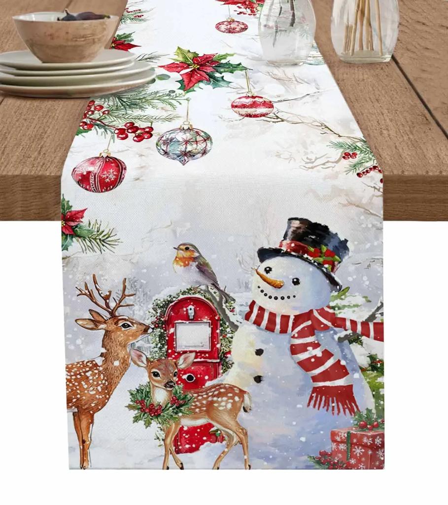Natale Abete Argentato Foglie Fiocchi di Neve Grana Legno Lino Runner da Tavola Decorazione Cucina Runner da Tavola Forniture per Feste