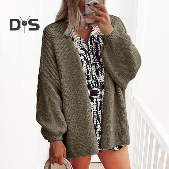 Cardigan feminino lanterna manga longa cor sólida oversized malha cardigan frente aberta leve suéter outwear