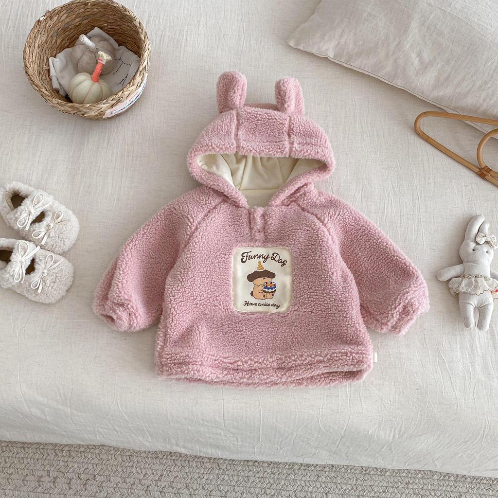 Children's 2025 Winter Hooded Fur Sweater: Cute Girls' Korean Style Thick Pullover with Patch Applique.