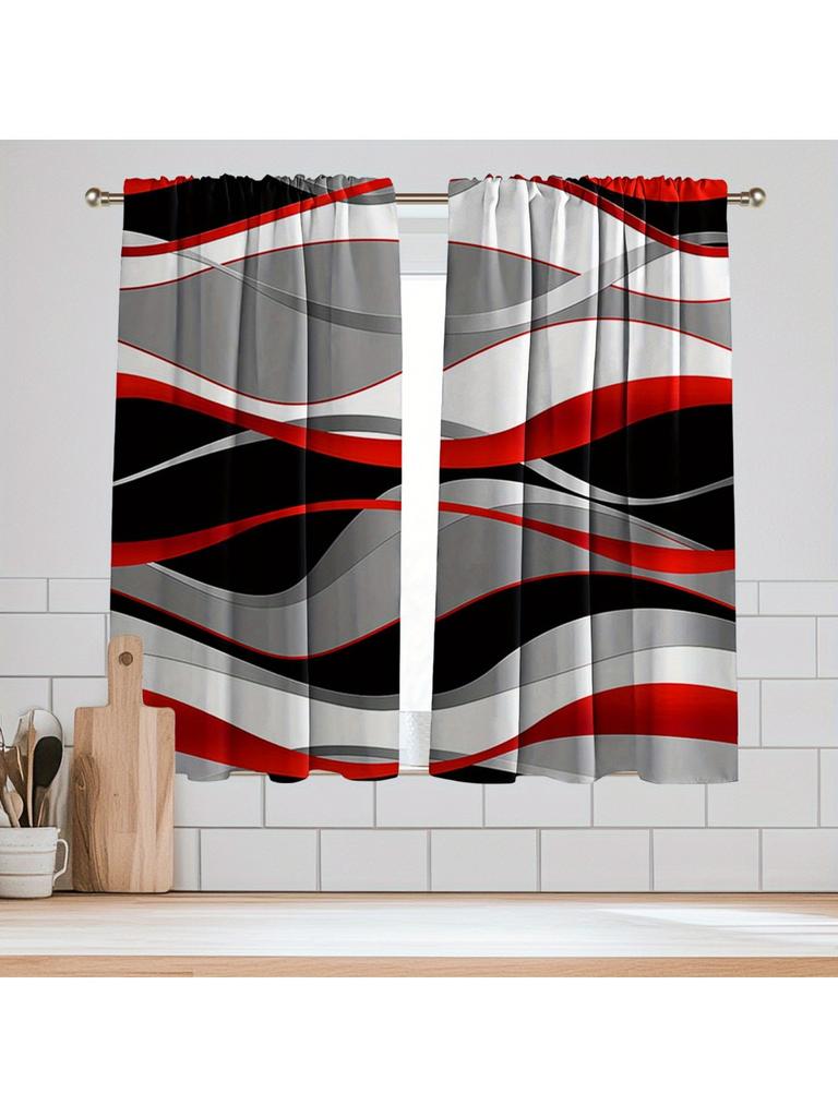 Moderne Abstrakte Wellig Rote Graue Schwarze Vorhänge Polyester Küche Café Fenster Haus Lichtfilternd Set von 2 Hergestellt Mit Stangentasche Dekor