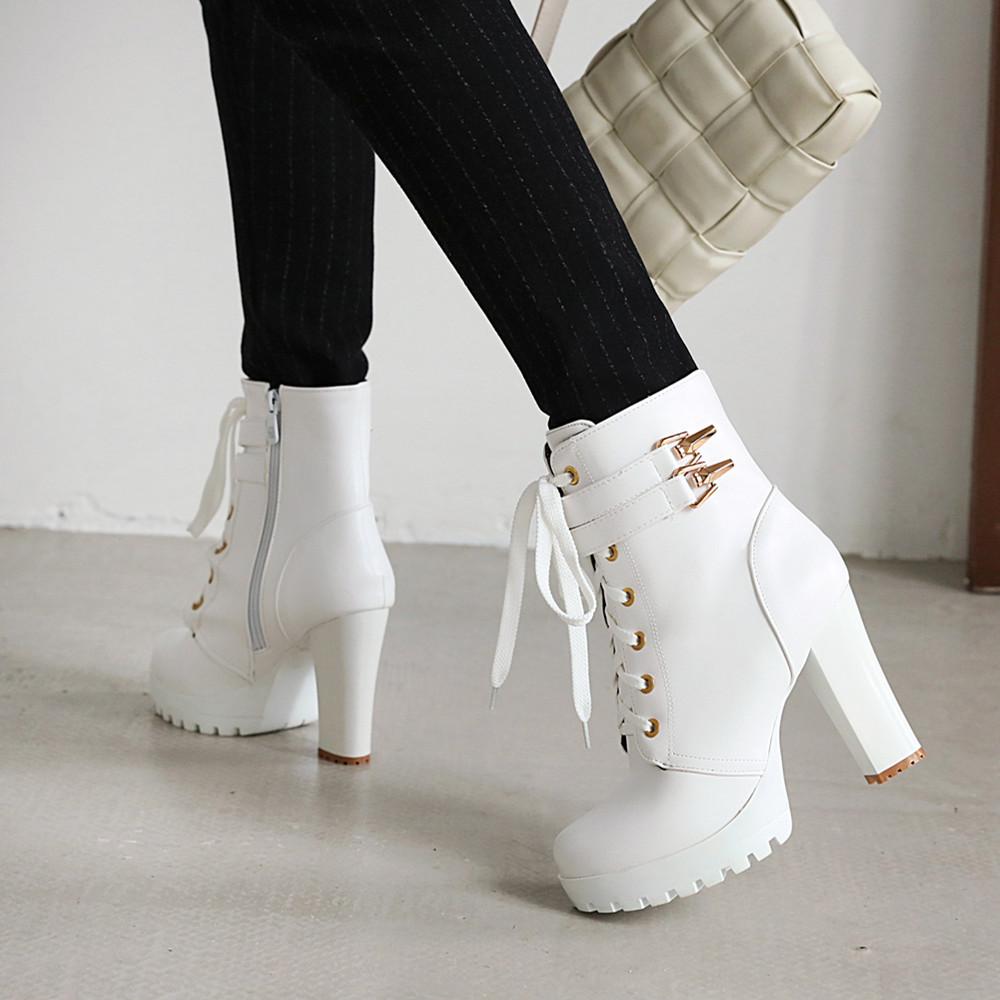 Fashion Brand Designers Autumn Winter New Women Shoes Black Heels Boots Lacing Platform Ankle Boots Chunky Heels Lace-up Botas White