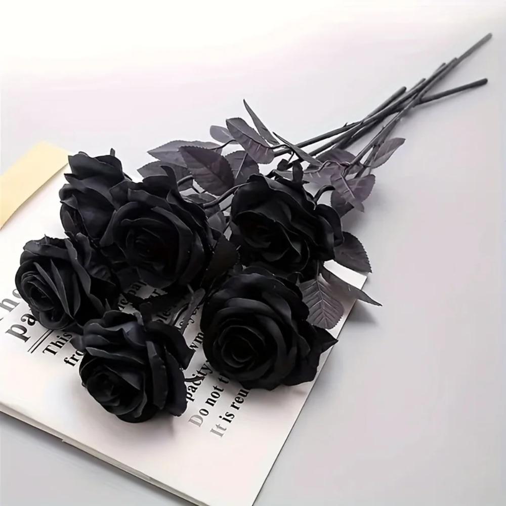 5/10 Stück künstliche schwarze Rosen für die Heimdekoration, lange Stiele, Kunstblumen ohne Vase, Tischmittelstück für Hochzeiten, Halloween-Partys