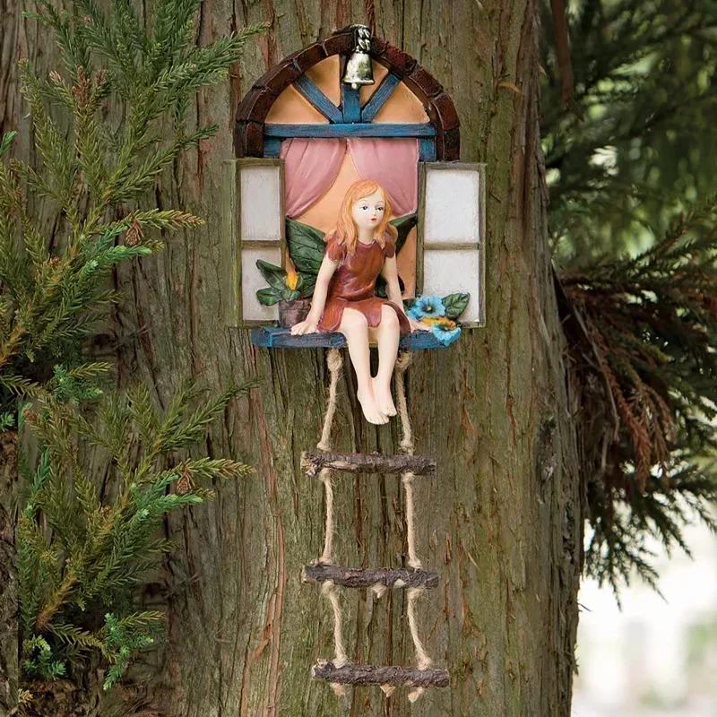 Home Garden Decor Fairy House Tree Hanging Sculpture Window Ladder Resin Statue Figurine Outdoor Ornament Yard Art Decor