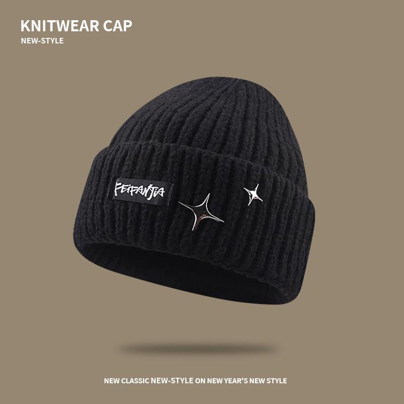 Letter Knitted Hat Women's Autumn and Winter Big Head Circumference Versatile Ear Protection Warm Wool Hat Showing Face Small Bag Head Cold Hat