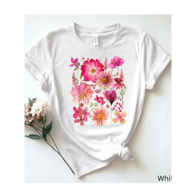 T-shirt da Donna Bianca in Puro Cotone con Stampa di un Colorato Mazzo Floreale Top Casual Girocollo a Manica Corta