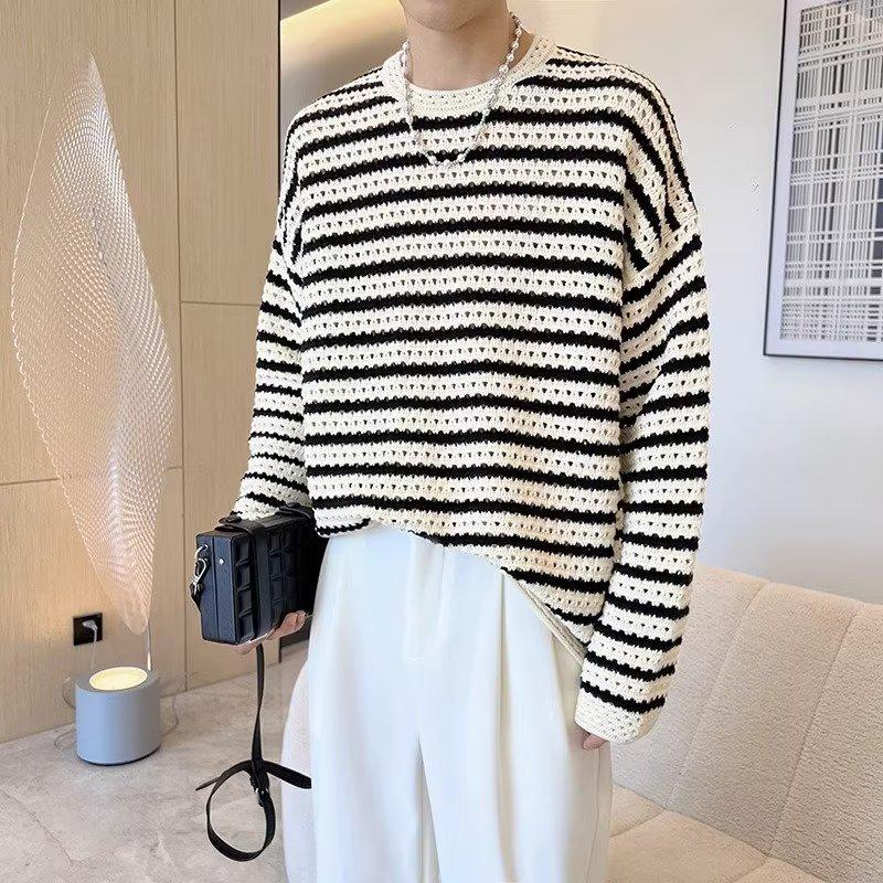 Men's Ripped Striped Knit Sweater: Autumn/Winter 2023 Casual Loose Long Sleeve