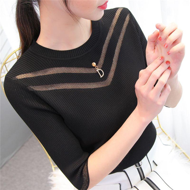 Ice Silk Knit Sweater Women Loose Crewneck T-shirt Half Sleeve Pullover Sweater Spring Summer Knitted Top