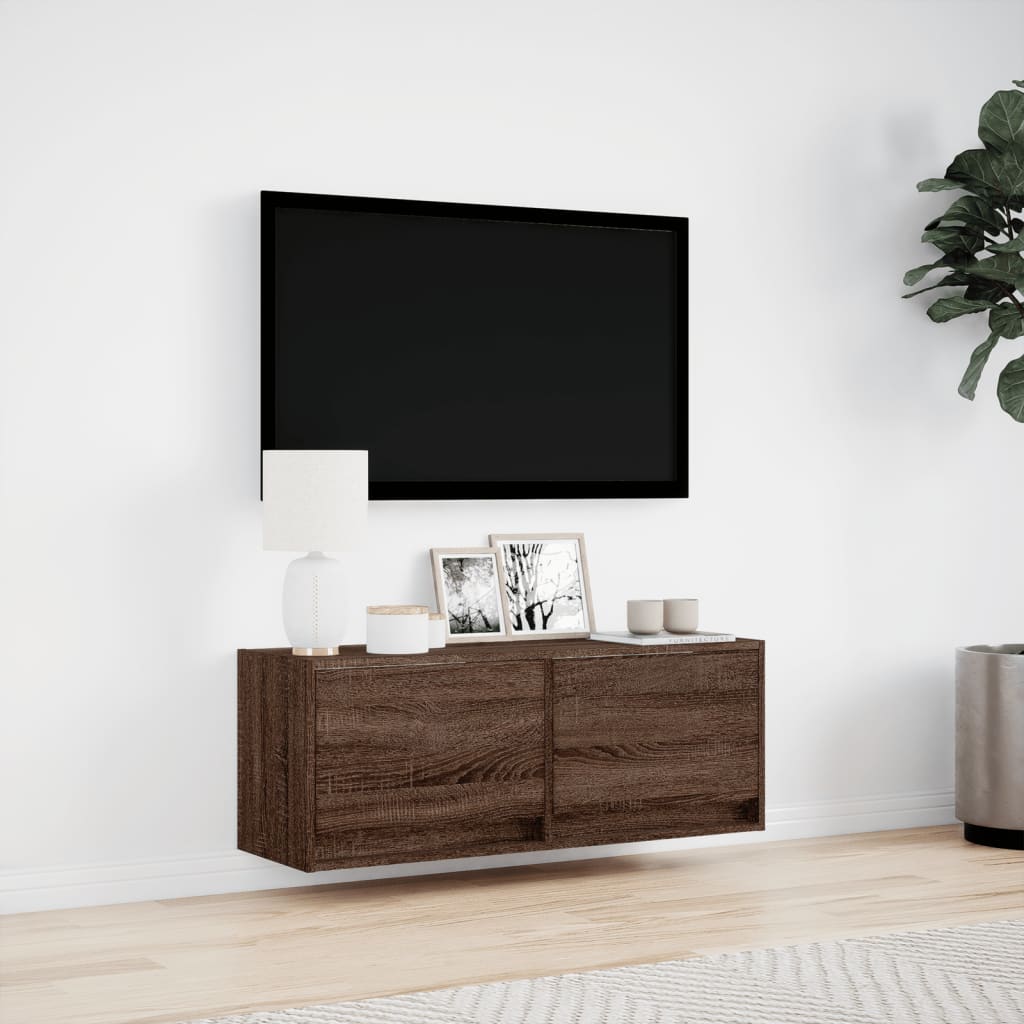 Wall Mounted TV Cabinet with LED Lighting Oak Effect 100 x 31 x 35 cm