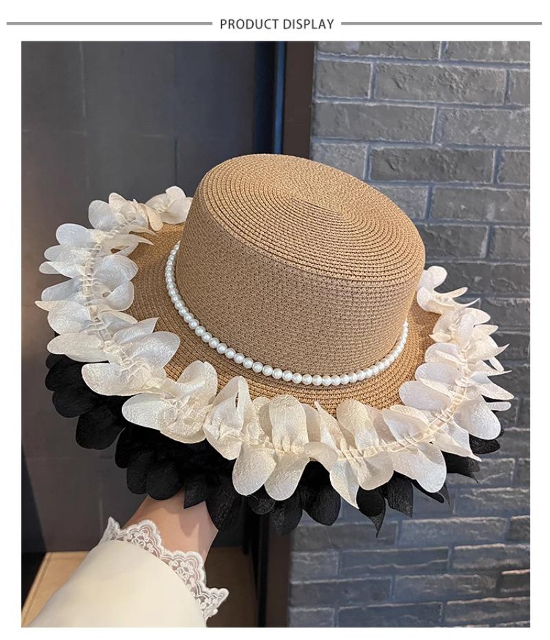 Elegant Lace Straw Hat Women'S Summer Outdoor Wide Brim Sunscreen Sunshade Vacation Sun Hat New Pearl Top Hat