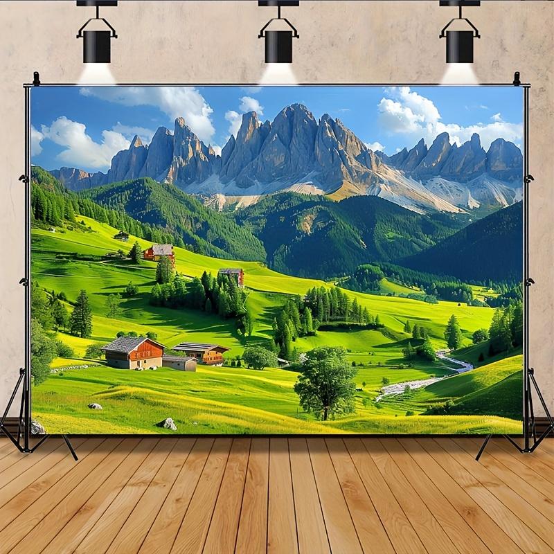 A wall with a tapestry depicting the Swiss Alps - featuring snow-capped mountains lush green grass and farmhouses together