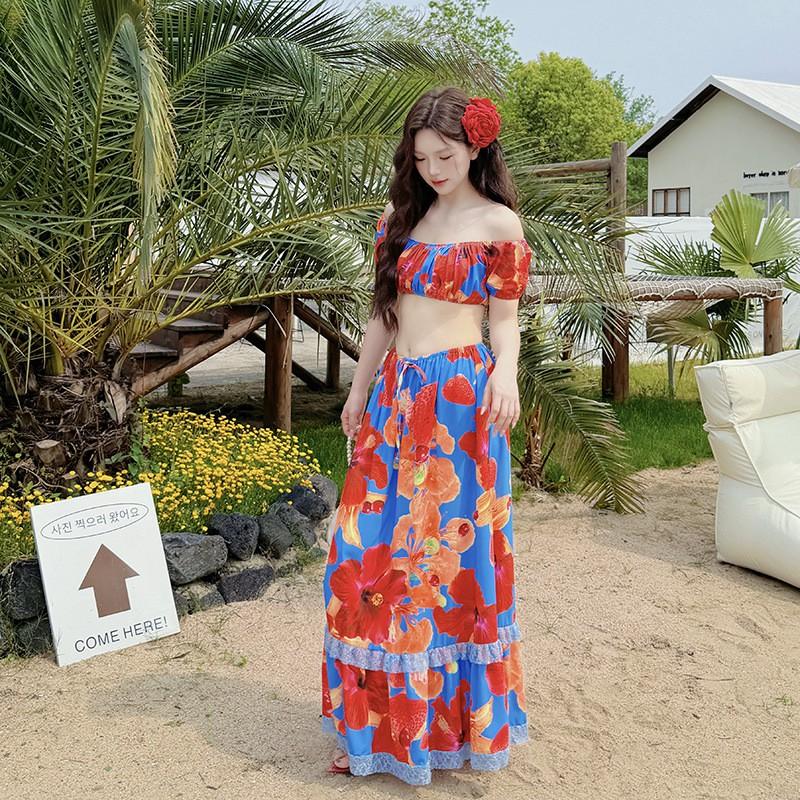 Plus Size Floral Print Bikini Set With Cover Up Skirt Beach Vacation Women Swimwear Three Piece