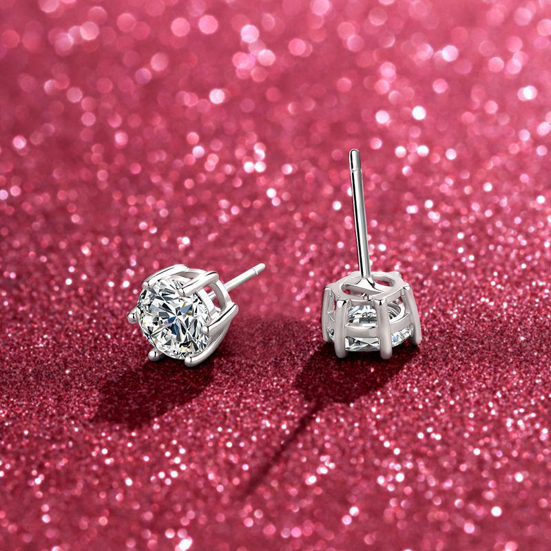 D Color Six-Prong Moissanite Sterling Silver Women's Earrings Plated with White Gold, One Carat