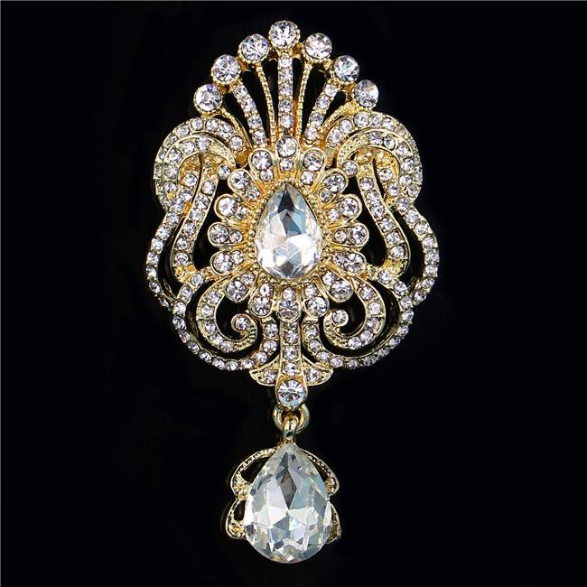 DIEZI Luxury Gold Silver Color Crystal Flower Bridal Brooches for Wedding Women Party Rhinestone Bouquet Water Drop Brooch Pins