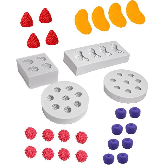 Fruit Shaped Silicone Molds, 3D Strawberry Orange Raspberry Blueberry Fondant Mold, Fruit Mold for Candy Jelly Cake Decor Soap Resin DIY Baking Tool