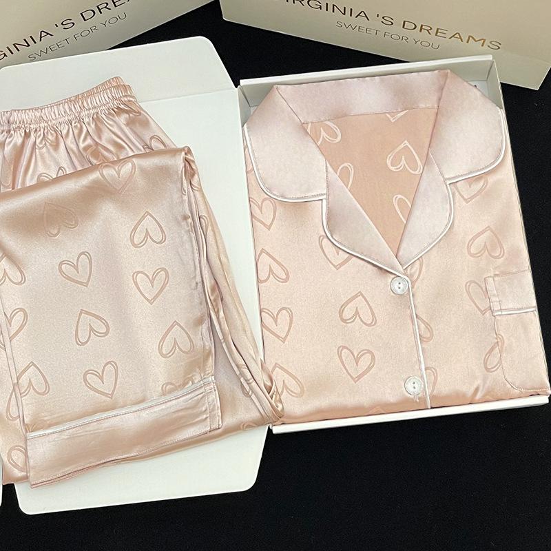Love Ice Silk Casual Suit Simulation Silk New Spring And Summer Peach Heart Long-Sleeved Pajamas Women'S Thin Loungewear