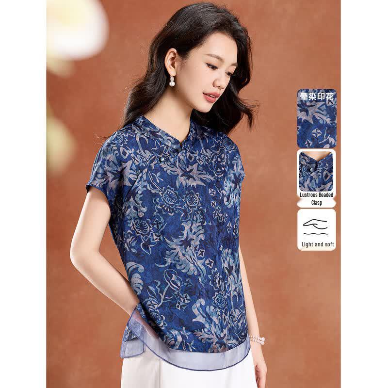 

Women s Retro Blue Print Cheongsam Top & Wide-Leg Pants Set L