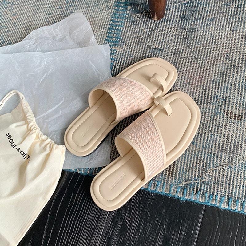 

Sheepskin version casual summer square head toe straw splicing flat-bottomed slippers women s genuine leather one-and-a-half slippers cool slippers 34