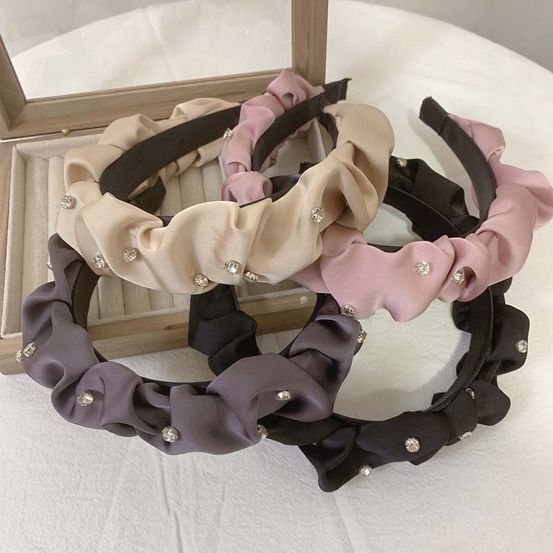 Koreanischer Schlichter Schwarzer Plissierter Haarreifen Stirnband für Damen Glänzender Strass Breites Haarband Kopfschmuck Haarschmuck