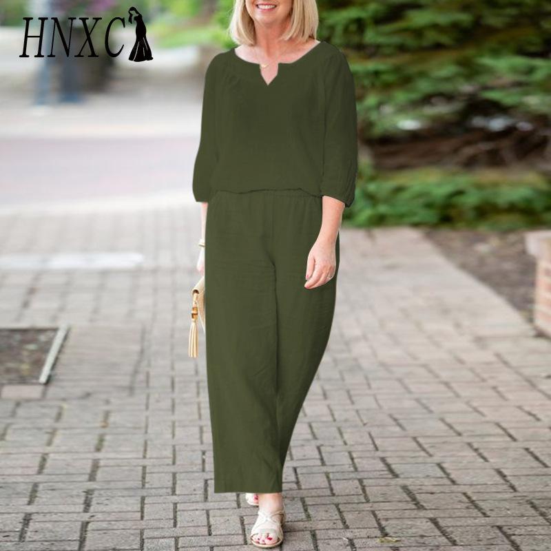 HNXC Plus Size Women Casual Button Mid Sleeve Pocket Solid Colour Cotton V-Neck Top Pants Set