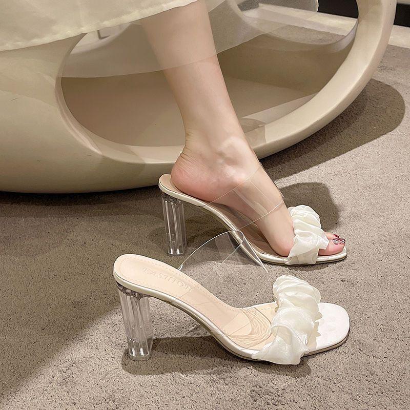 Transparent High Heels Summer Crystal Thick Heel Sandals Female 2025 New Fairy Wind Half Drag French Internet Celebrity Cool Slippers