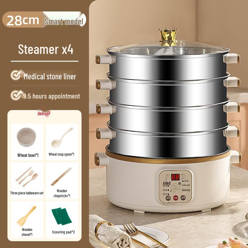 Wielofunkcyjny parowar elektryczny: Stal nierdzewna, Trójwarstwowy, Minutnik, do gotowania na parze, gotowania i duszenia