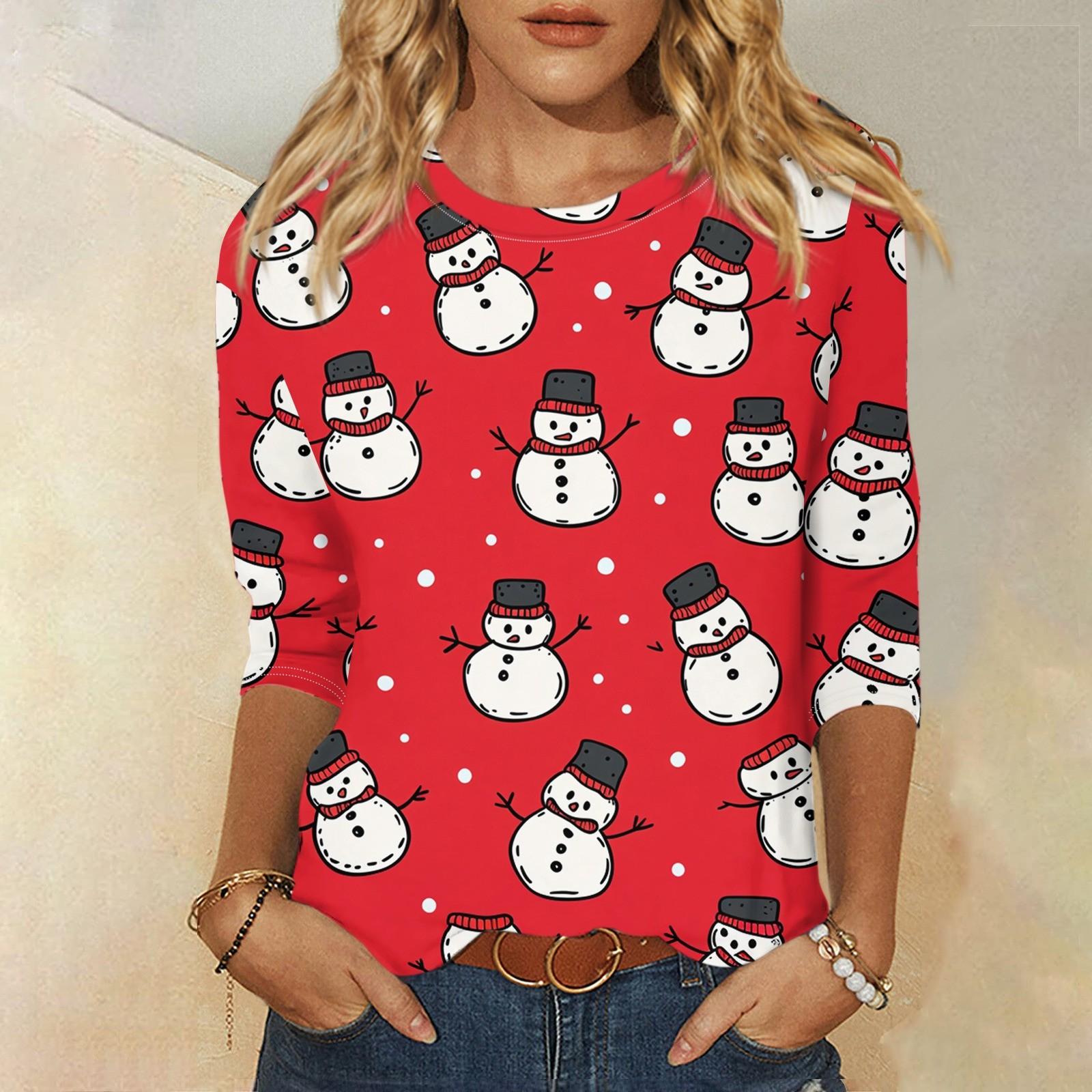 

Женская мода, повседневная свободная футболка с рождественским принтом и круглым вырезом, рукав 3/4, женский топ XXL белый
