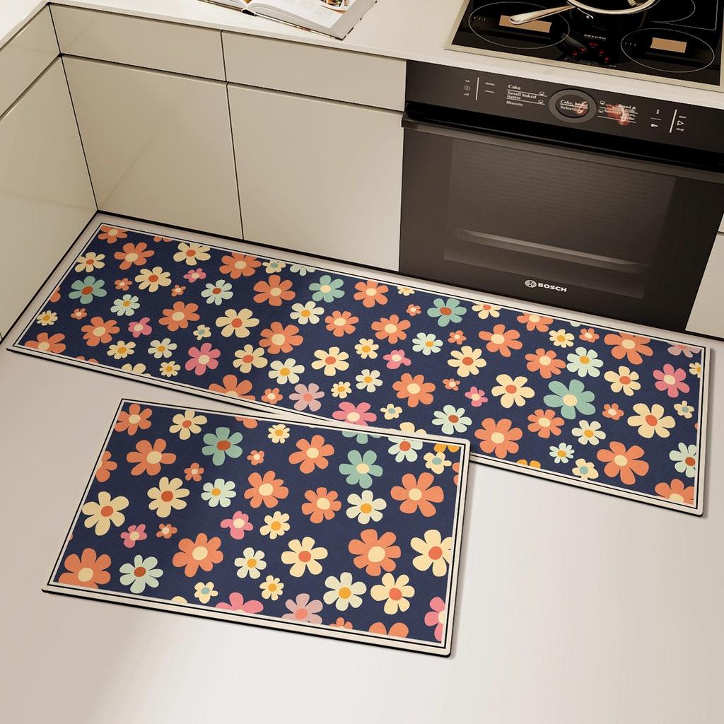 Floral Kitchen Carpet Non-slip Waterproof Oil-proof PVC Leather Washable Kitchen Rug Long Strip Runner Floor Mat Home Decoration