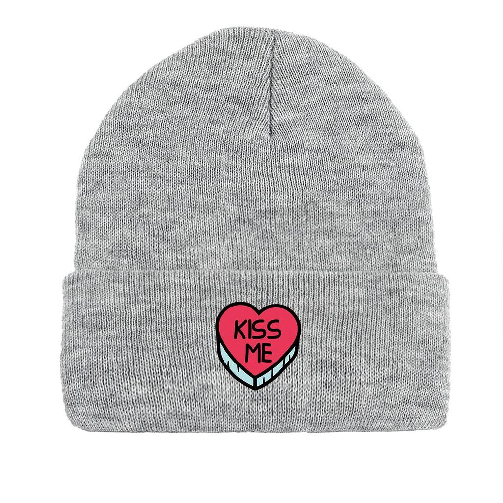KISS ME" Heart Print Knit Cap Beanie, Valentine's Day Man Cap Soft Stretchy Unisex Bonnet Knitted Hat Beanie