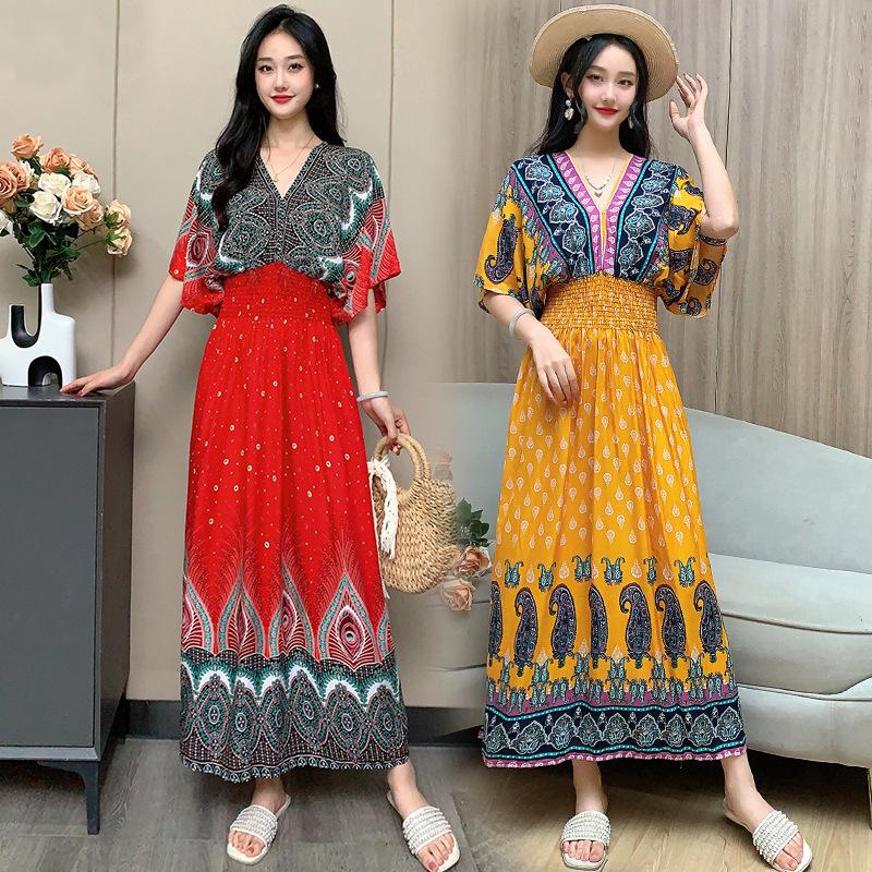 Dame Casual Blomstret V-halskjole Irregulær Tone Casual Rund hals Lang