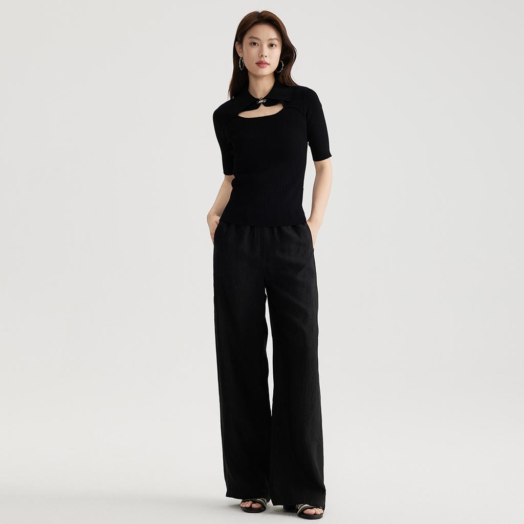 Fashionable slim fit women's short sleeved lapel knitted sweater 2025 spring and summer thin style hollow out small shirt top
