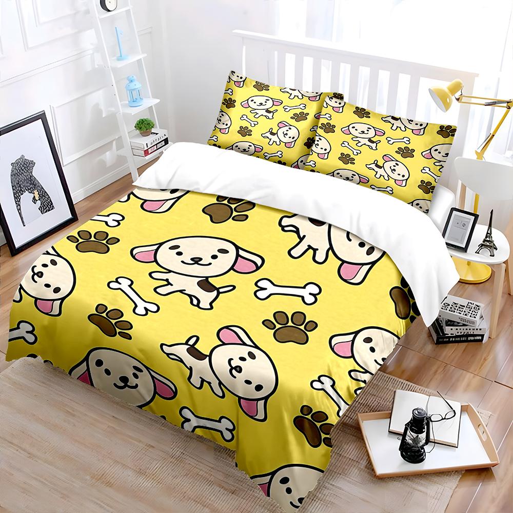 Cute Puppies With Paws And Bones Pattern Bedding Set 1 Duvet Cover 2 Pillowcases For Adult And Children Luxury Gift Full Size