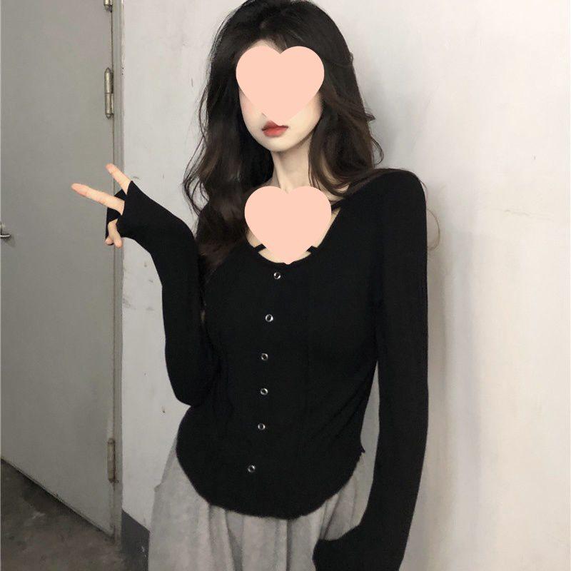 Sweet & Stylish Hot Girl V-Neck Long Sleeve Ribbed T-Shirt - Autumn Slim Fit Women's Top