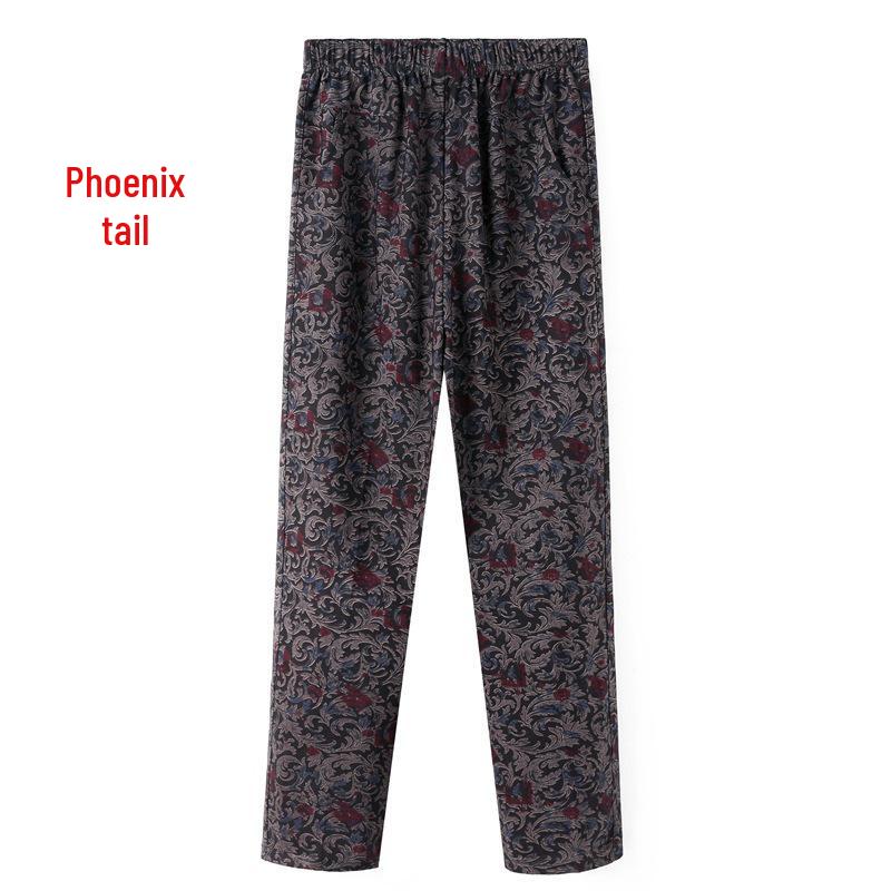 Women's Fleece-Lined Pants, Loose Straight Leg for Middle-Aged/Elderly, Patterned Plus Size, Mom's Style, Fit for All Seasons (Spring, Autumn, Winter)