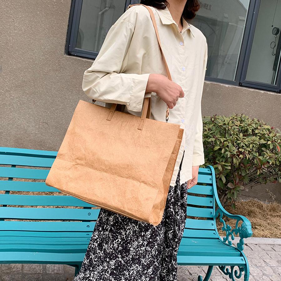 

Women Kraft Paper Retro Single Shoulder Bags Solid Color Casual Totes Large Capacity Handbags Travel Recyclable Eco Shopping Bag 37x12x30cm коричневый