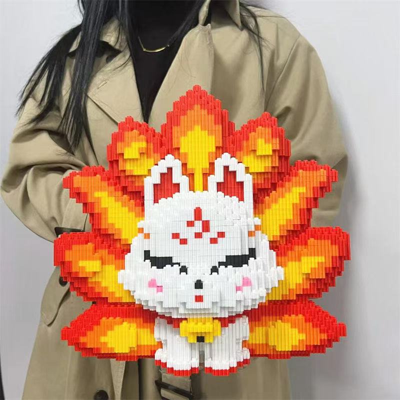 3D Nine Tailed Fox Cartoon Character Small Particle Construction Model Building Blocks Toys for Children's Kids Puzzle Gifts
