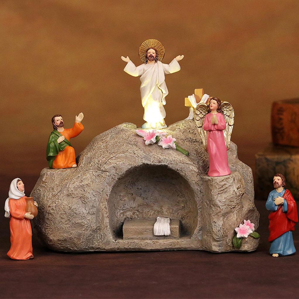 Resins LED Light Resurrection Scene Miniatures Figurines Set Detailed Figures for Easters Tabletop Decoration Ornaments