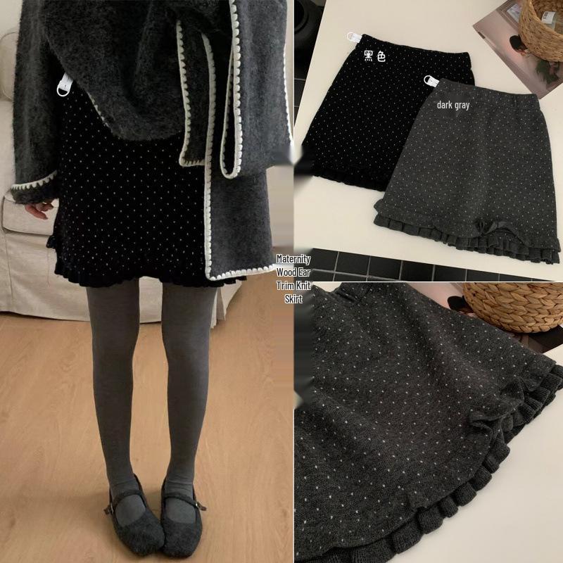 Maternity Knit Polka Dot Ruffle Midi Skirt - Autumn/Winter Slimming Bodycon A-line L (110-125 Jin) чёрный