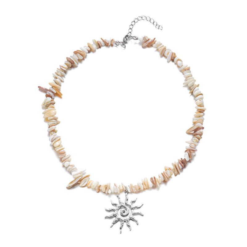 1Pcs Vintage Silver Color Sun Pendant Necklaces Bohemian Rainbow Beaded Choker Necklace For Women Summer Beach Jewelry Gift
