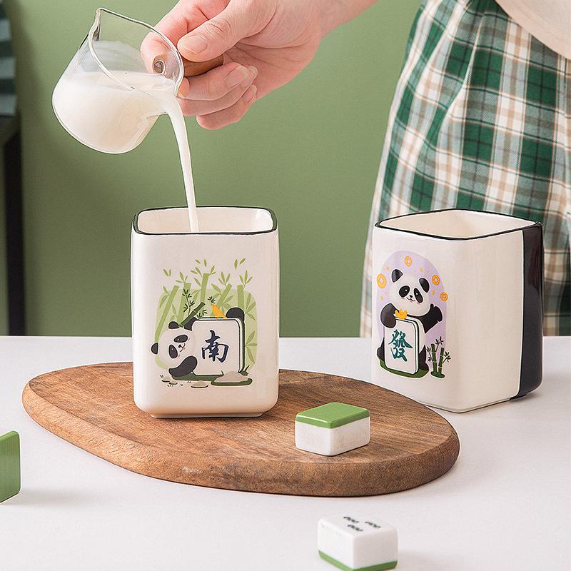 Creative Panda Mahjong Ceramic Cup Make a Fortune Good Luck Chess and Card Room Gift Coffee Cup Personalized Home Breakfast Milk Cup