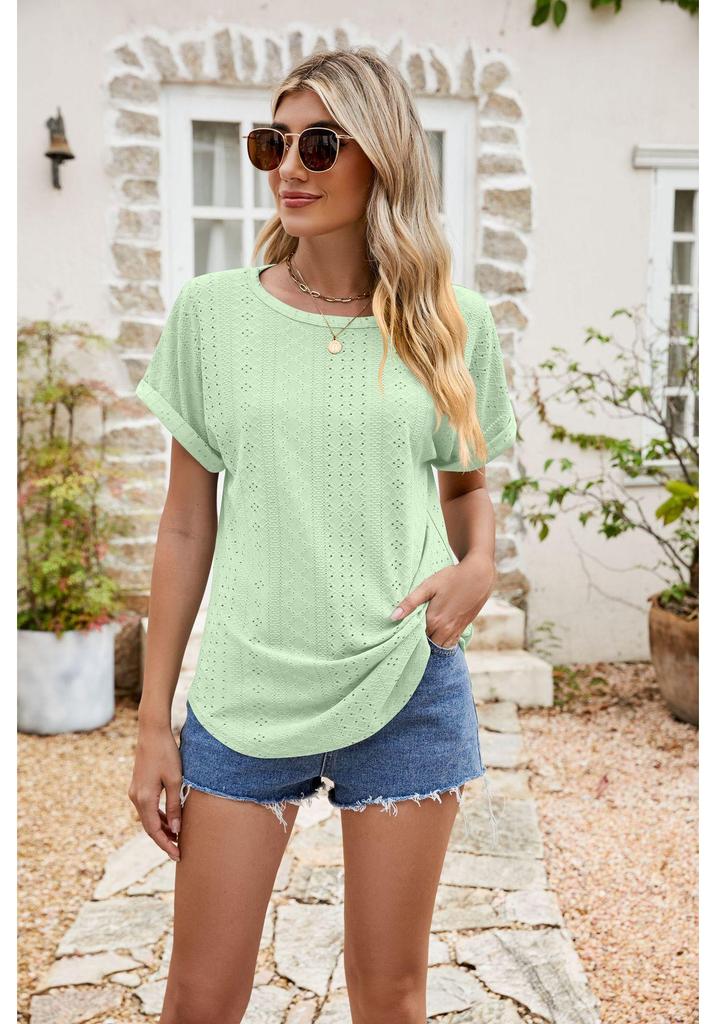 2024 Summer Women's Eyelet Hollow-Out Round Neck Short Sleeve Casual T-shirt
