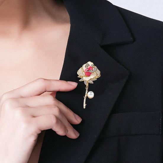 Brooch Pin Three-Dimensional Rose Shape Enamel Drip Technology Pin with Rhinestone Faux Pearl Inlay Suits Coats Dresses Badge