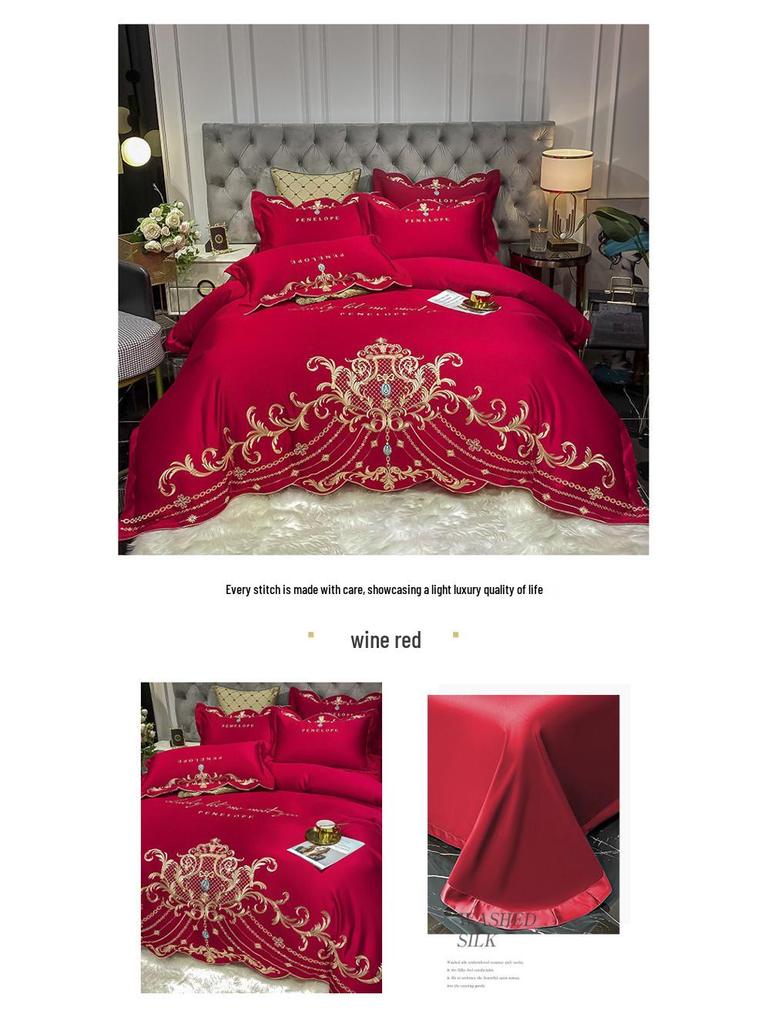 Evropská 4dílná sada prostěradel ze 100% bavlny s povlakem na přikrývku z ledového hedvábí - Luxusní svatební ložní prádlo