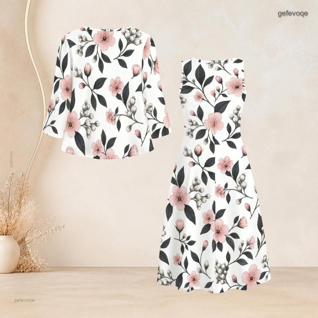 Women Plus Size White Floral Printed Two Piece Set Three Quarter Sleeve Cardigan Sleeveless Long Dress