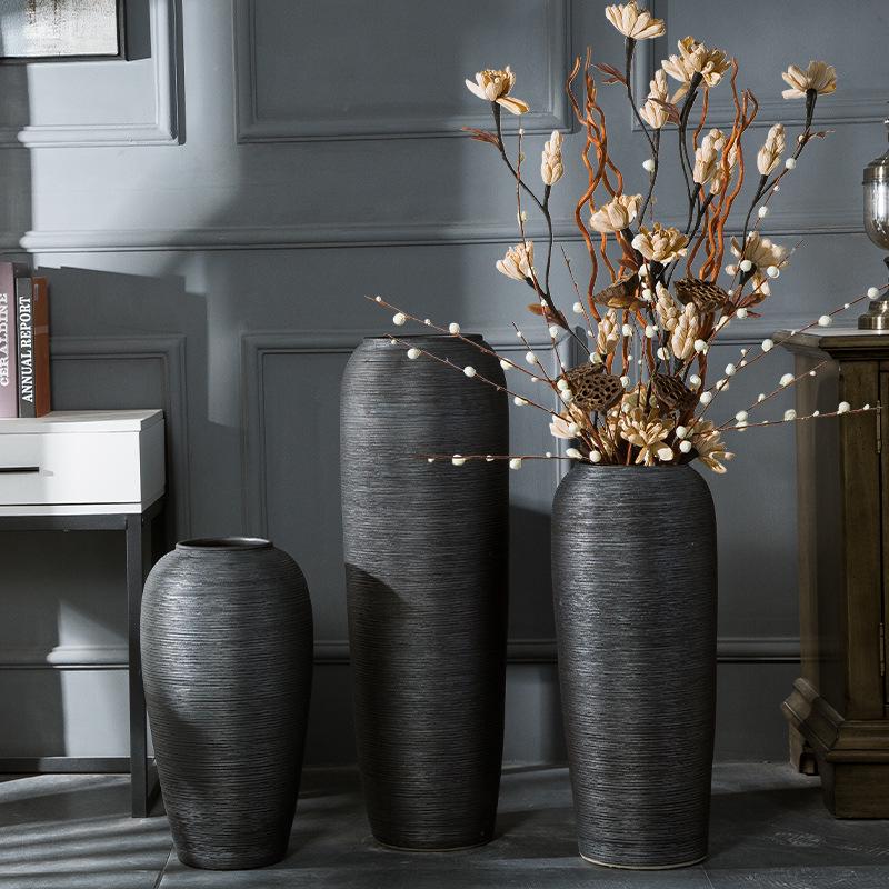 Black Zen-Style Ceramic Floor Vase for Dried Flowers - Retro Terracotta Ornament