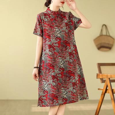 Damen Sommer Chinesischer Stil Stehkragen Schnalle Kleid mit Künstlerischem Druck, Schlankmachender A-Linien-Rock