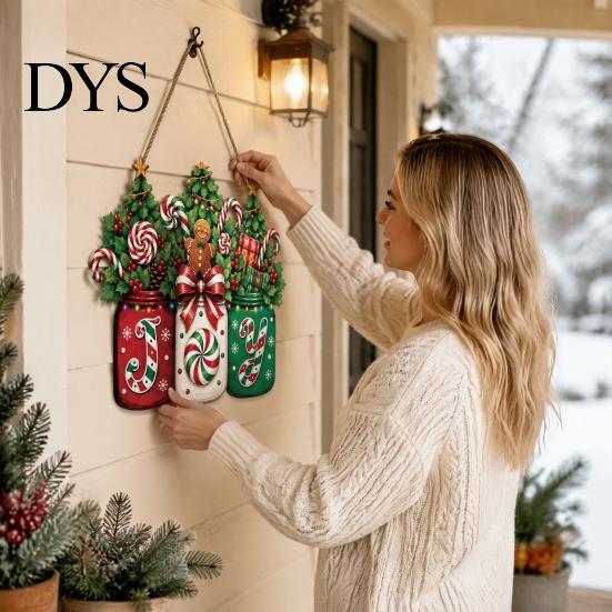 Christmas Party Door Hanger Sign, Gingerbread Candy Wooden Joy Hanging Wreath, Mason Cane Holiday Sign Jar Welcome for Front Door, Wall, Window, Porch