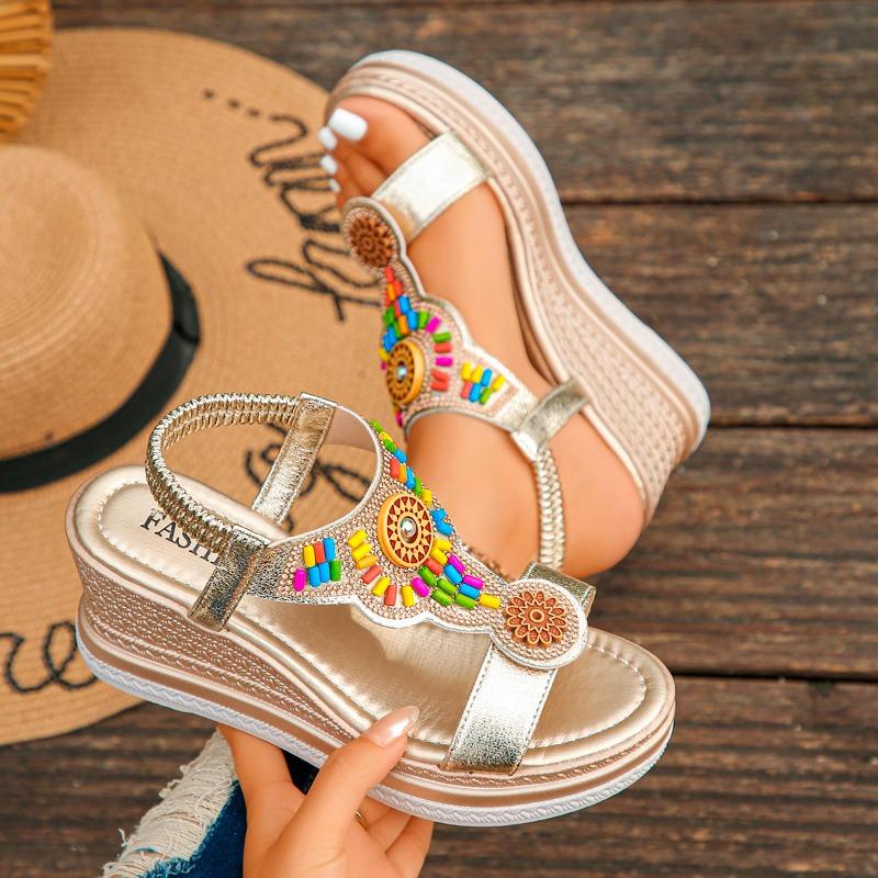 Fashion 2025 Summer Bohemian Style Wedge Heel Sandals Women Thick Sole Non Slip Beach Shoes Woman Colorful Bead Chunky Platform Sandals